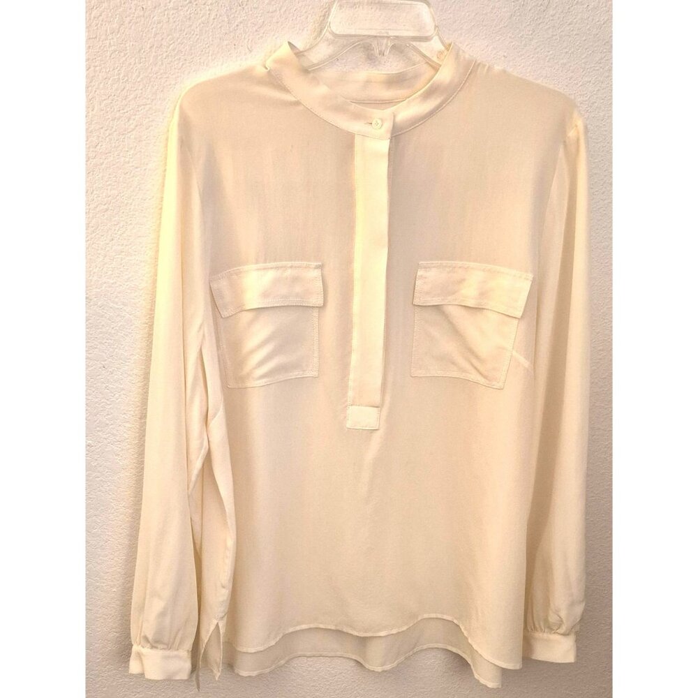 Talbots Cream 100% Silk Long Sleeve Pullover Tunic Top Chest Pockets Sz XLP EUC